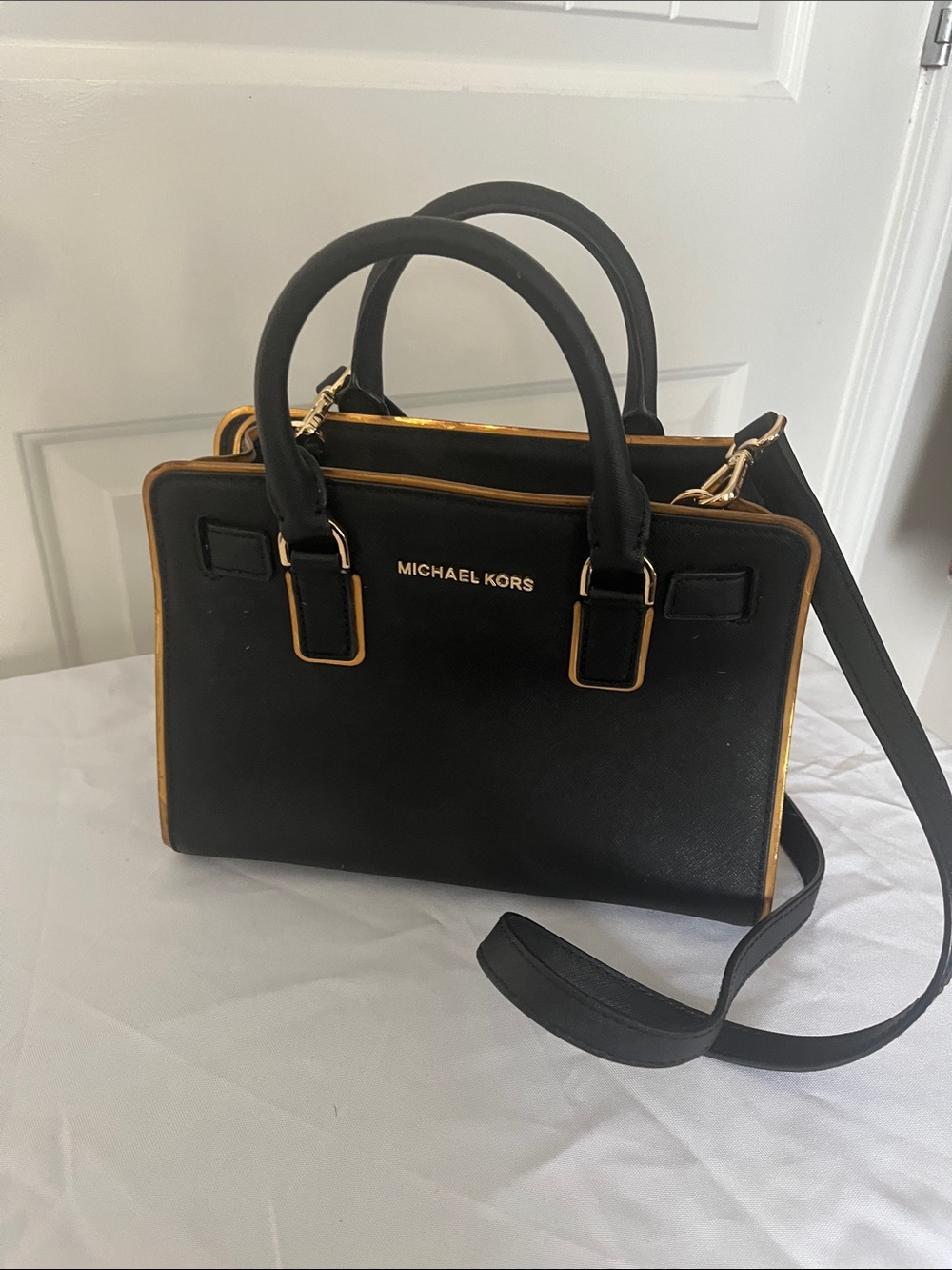 Michael Kors Black and Gold Structured Top-Handle Satchel